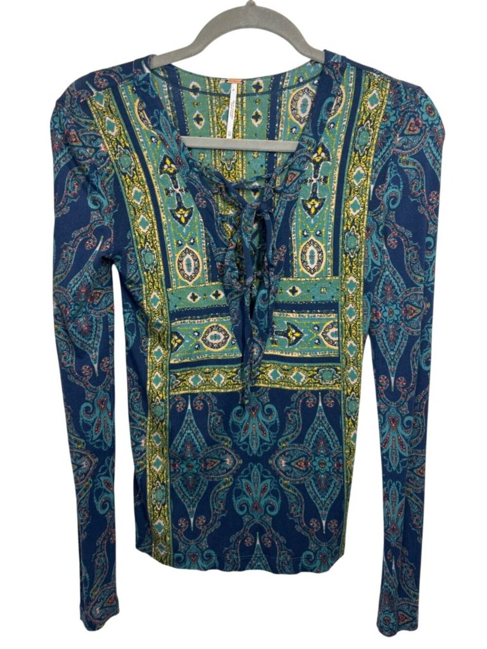 Free People Boho Lace Up Top Women's XS Paisley Long Sleeve Festival Blouse - Picture 2 of 7